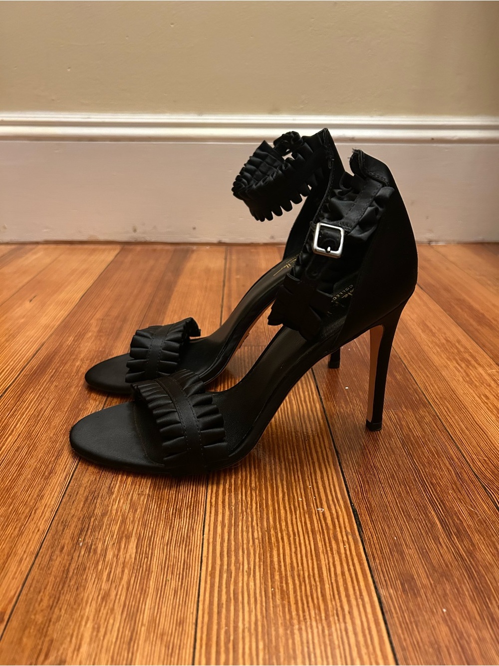 Black Ruffle Ankle-Strap Stiletto Sandals